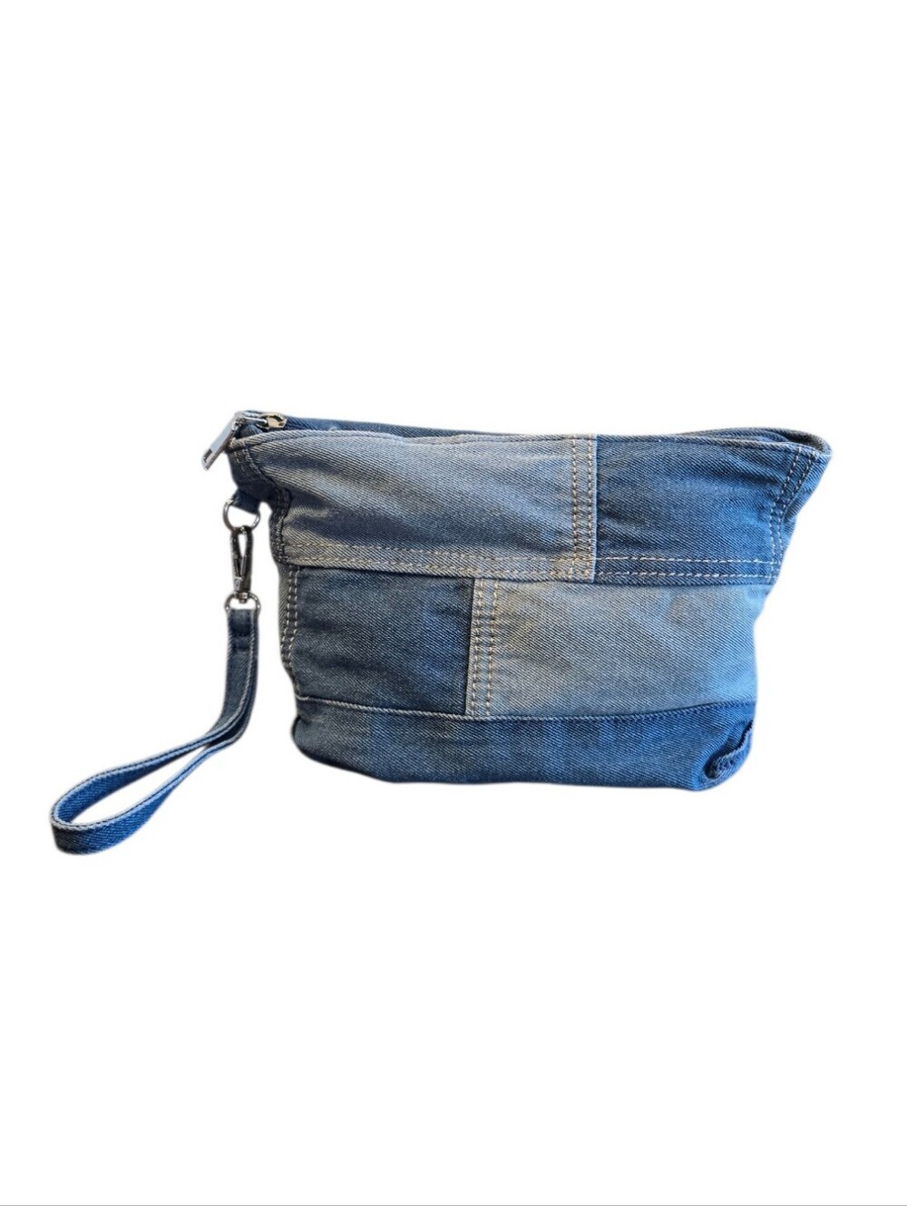 Denim Blue Patchwork Zip Closure Wristlet Pouch - Picture 3 of 11